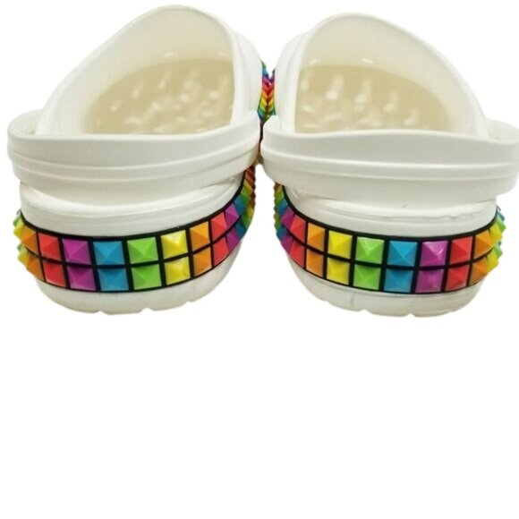 White Crocs Classic Clogs Rainbow Pyramid Studs Along Soles Unisex Size W11/M9 - Picture 10 of 15